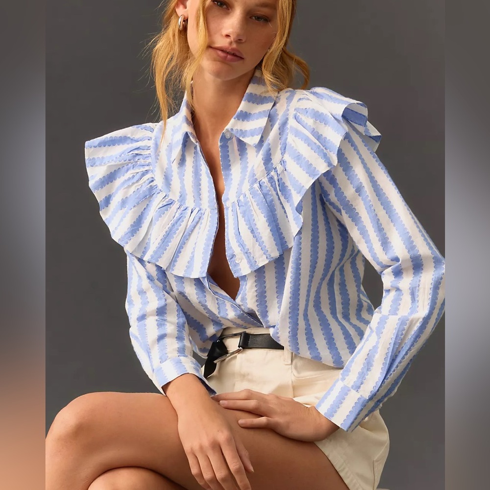 Clare V Charlotte Ruffled Striped Blue/White Blouse Size XS